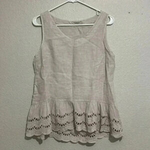 VALENTINA NALDI Linen Cream Tank Top Sleeveless Peplum Eyelet Blouse Lightweight